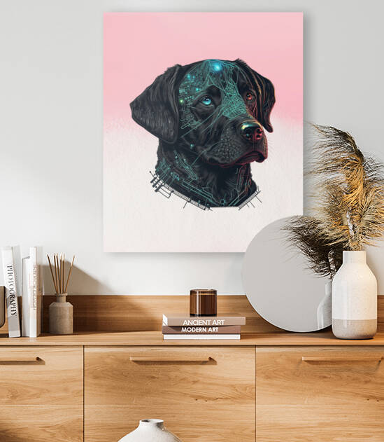 Black Lab Cyberpunk  Pink background 2 by Goldfishwallart