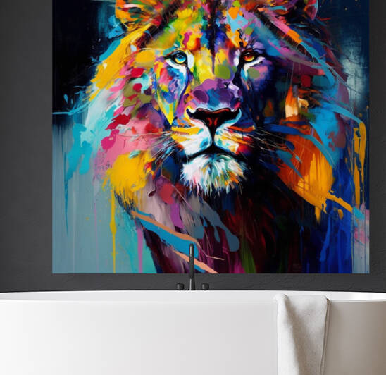 Lion face fontemporary art vibrant colors by Goldfishwallart