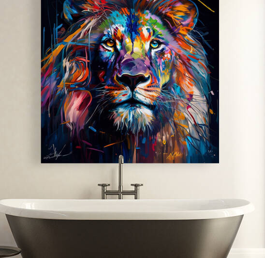 kaleidoscope lion Face contemporary art vibrant colors by Goldfishwallart