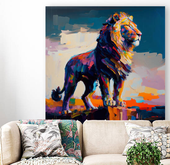 Proud Lion Standing On Hill contemporary art vibrant colors palette knife oil painting  by Goldfishwallart