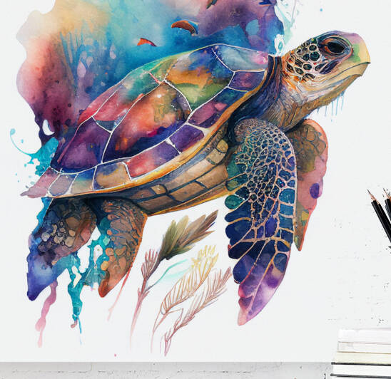 Beautiful and magical watercolor turtle paintining Art by Goldfishwallart