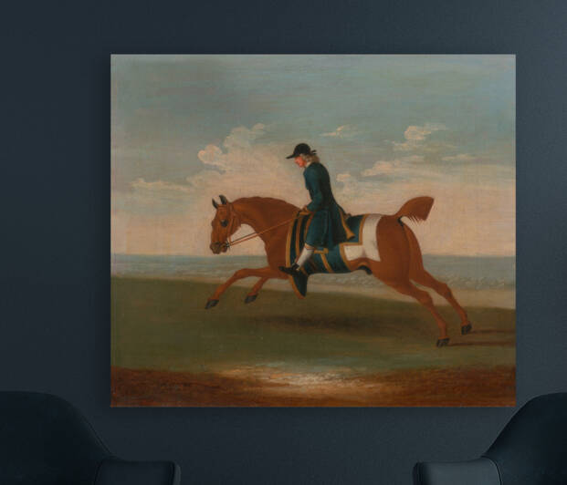 One of Four Portraits of Horsesa Chestnut Racehorse Exercised by a Trainer in a Blue Coat: galloping to the left  by James Seymour  1730 by Goldfishwallart