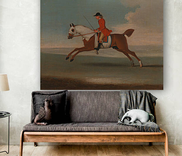One of Four Portraits of Horses - a Chestnut Racehorse Exercised by a Trainer in a Red Coat: galloping to the left the horse wearing white sweat covers on head neck and body by James Seymour    by Goldfishwallart