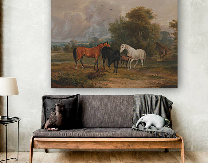 Horses Grazing- a Grey Stallion Grazing with Mares in a Meadow by Francis Calcraft Turner  by Goldfishwallart