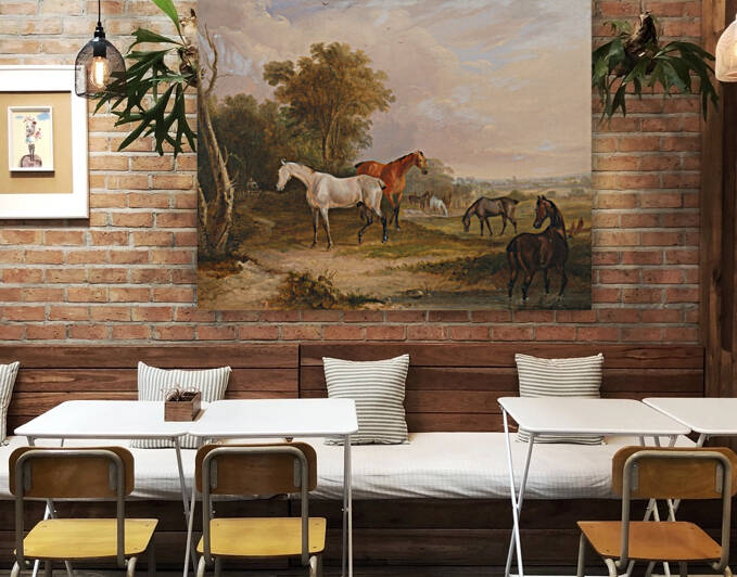  Horses Grazing- a Grey Stallion Grazing with Mares in a Meadow  by Francis Calcraft Turner by Goldfishwallart