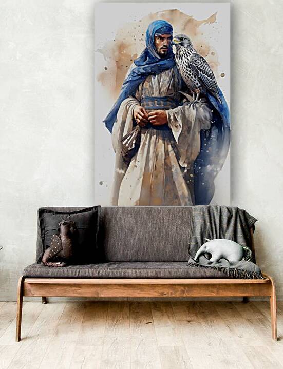 Arab Wall Art Watercolor Magical Arab Falconer with his falcon by Goldfishwallart
