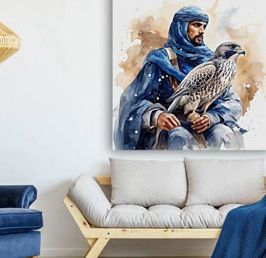 Watercolor magical arab falconer with his peregrine falcon -Arab Wall Art by Goldfishwallart