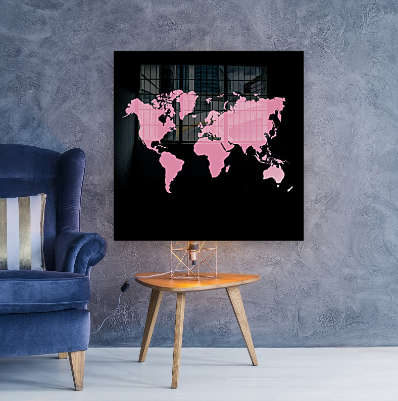 PINK RADIAL WORLD MAP Reproduction