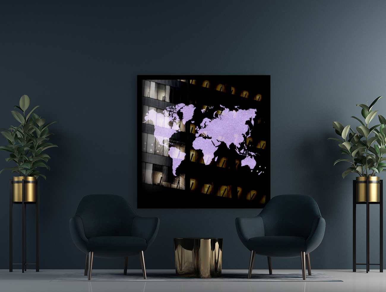 PURPLE GLITTER WORLD MAP Reproduction