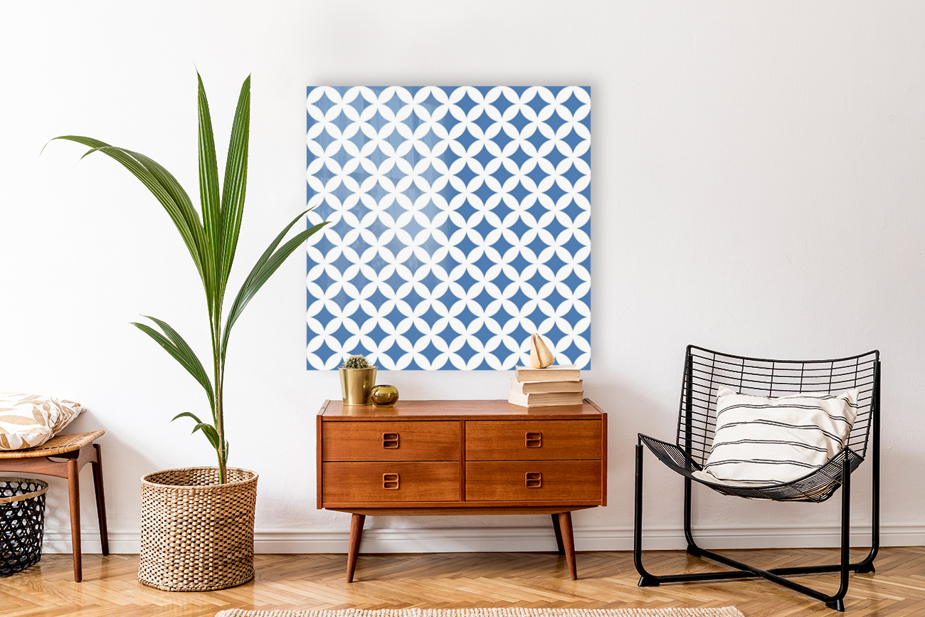 White and Blue Retro Circle Pattern Reproduction