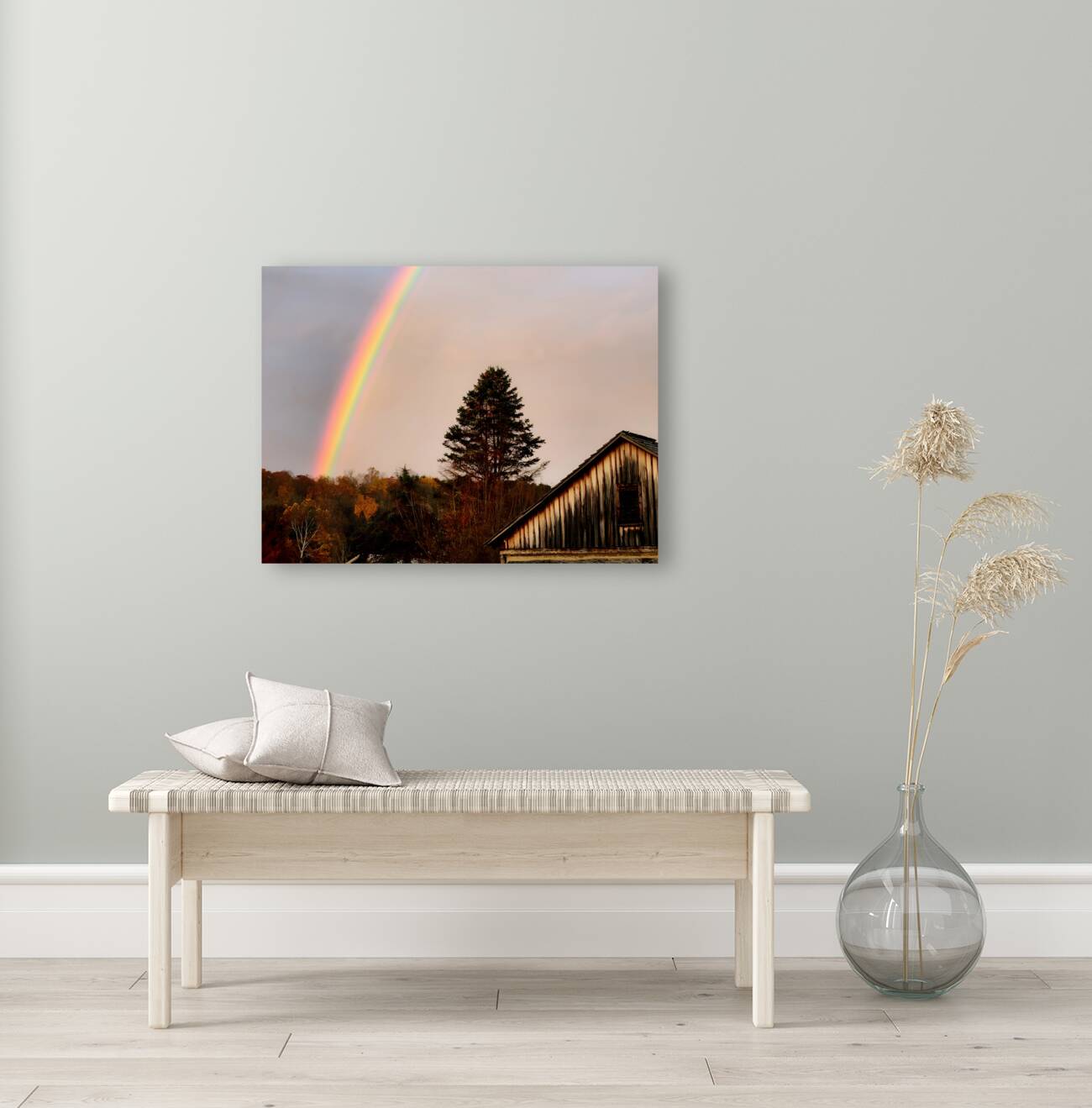 Morning Rainbow Over Barn Reproduction