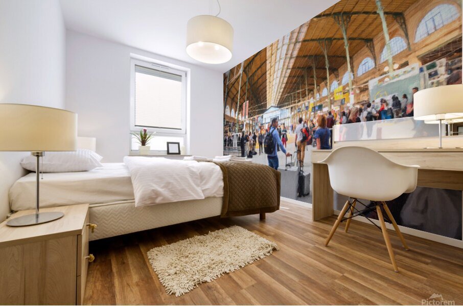wide angle view of group of tourists with luggage on inside larg Mural print