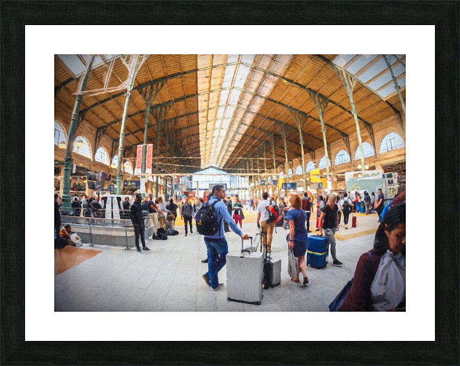wide angle view of group of tourists with luggage on inside larg Picture Frame print