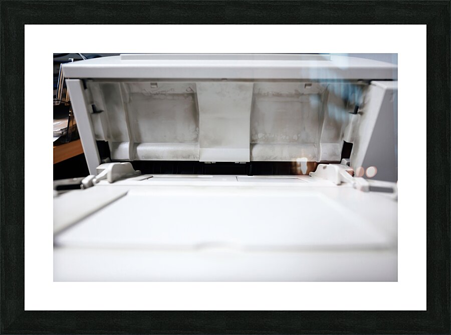 Dirty with printing dust from toner open paper tray on the vintage laser printer Picture Frame print