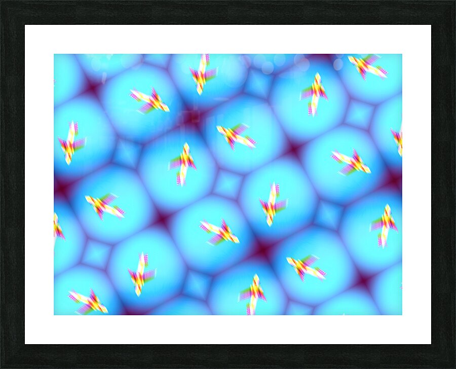 Low view of airplane against blue sky during takeoff or landing in metaverse Picture Frame print