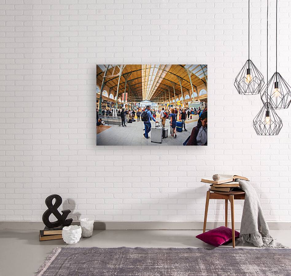 wide angle view of group of tourists with luggage on inside larg Reproduction