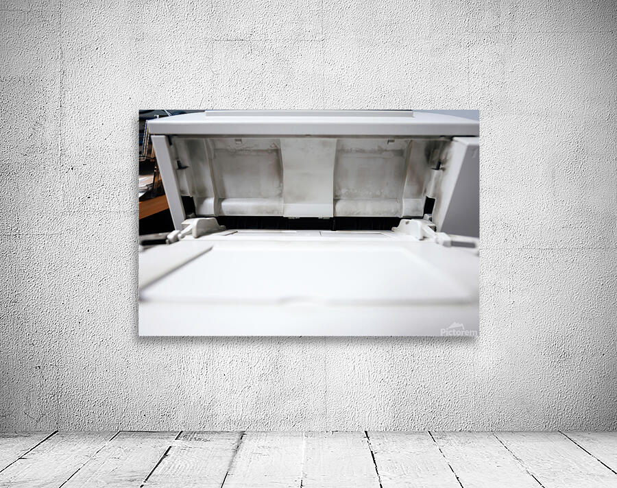 Dirty with printing dust from toner open paper tray on the vintage laser printer Wall Preview