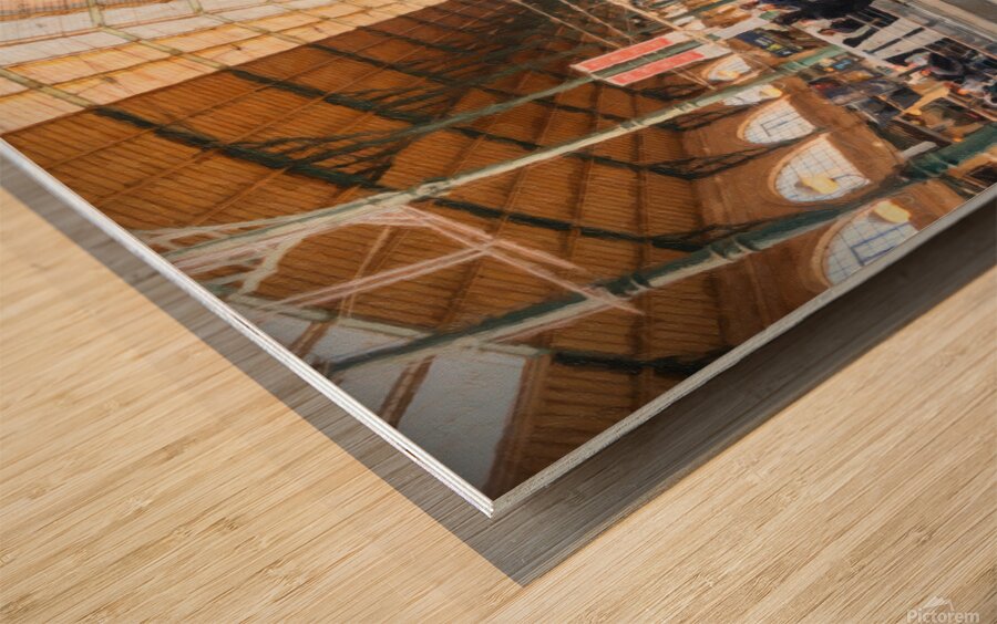 wide angle view of group of tourists with luggage on inside larg Wood print