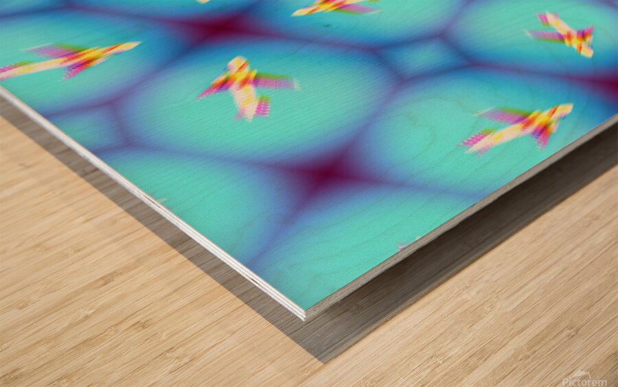 Low view of airplane against blue sky during takeoff or landing in metaverse Wood print