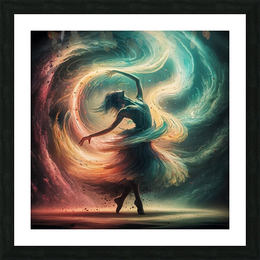 The harmony of light and shadow in a womans dance where colors meet in a mosaic of colors and feelings. Picture Frame print