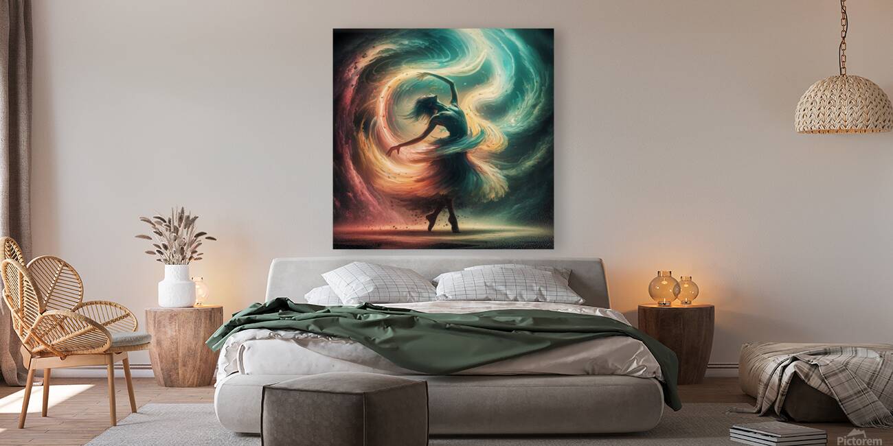 The harmony of light and shadow in a womans dance where colors meet in a mosaic of colors and feelings. Reproduction