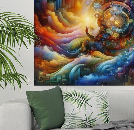 A modern artistic painting with bright colors and precise details that navigates the world of dreams and reality by art home