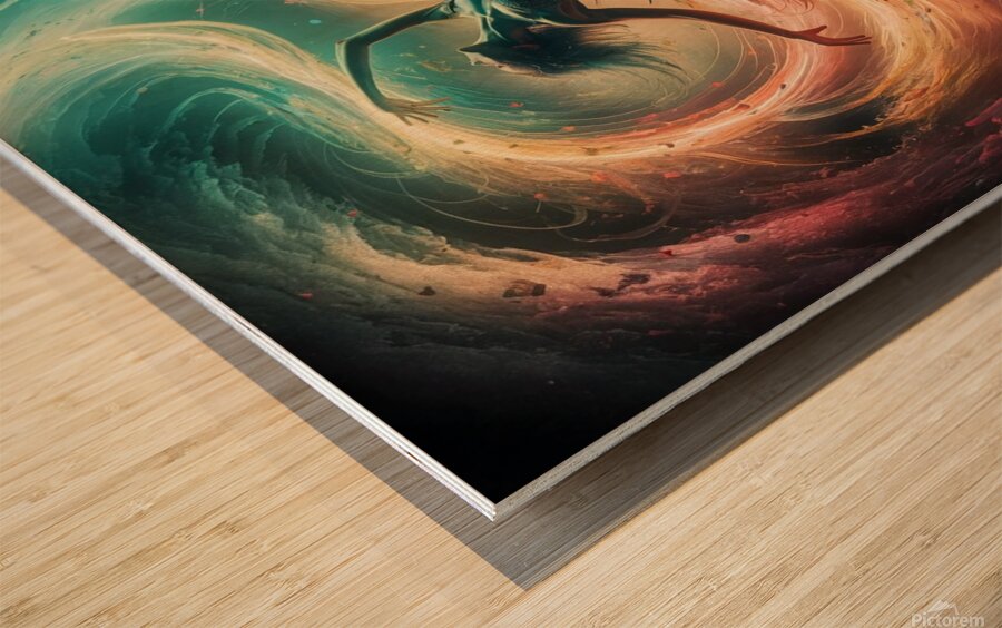 The harmony of light and shadow in a womans dance where colors meet in a mosaic of colors and feelings. Wood print