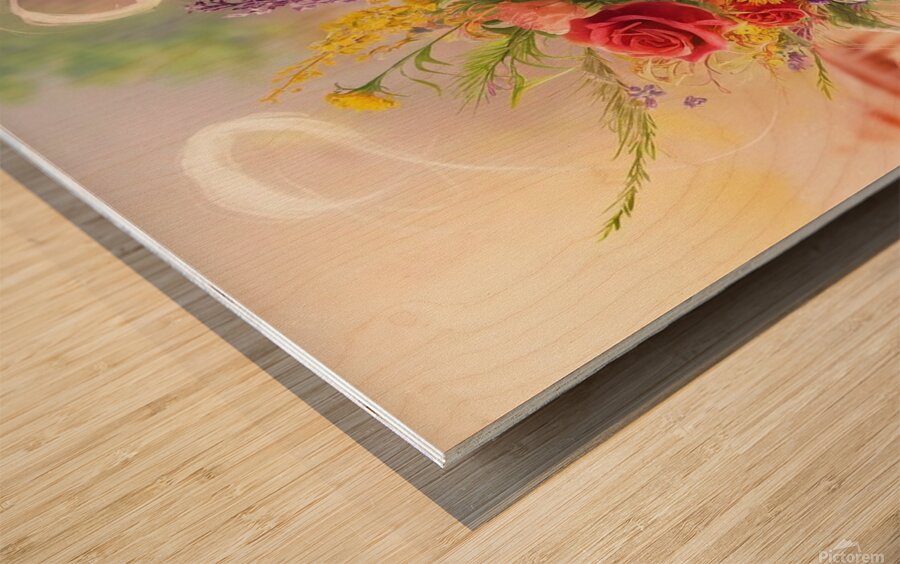  brimming with a vibrant medley of wildflowers. The teapot vase Wood print