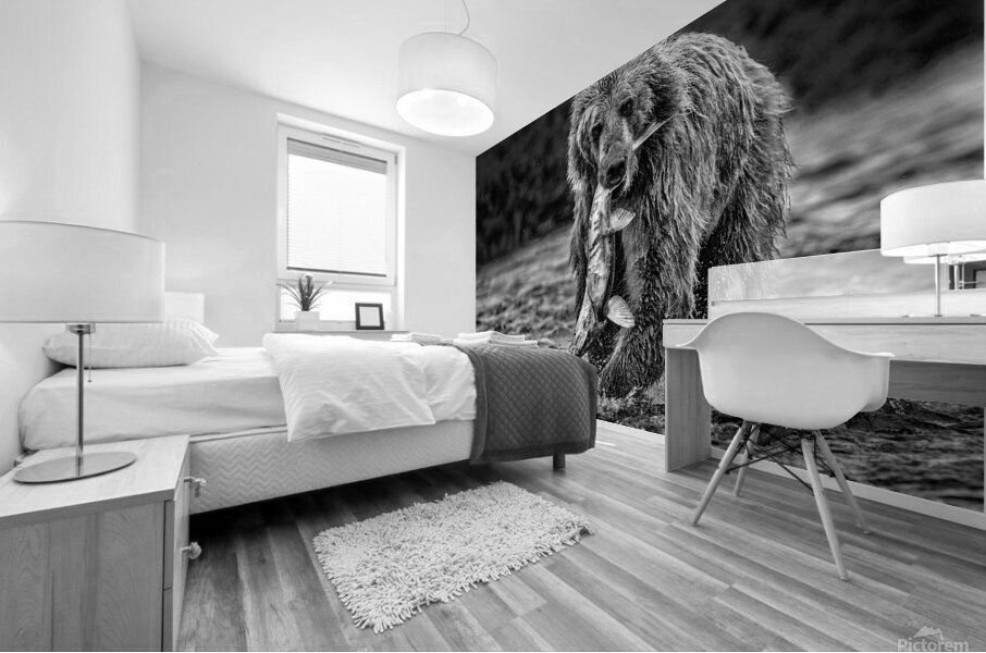 bear and fish b:w Mural print