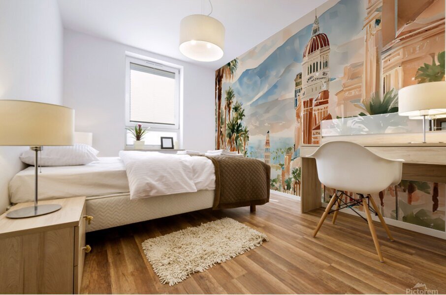 Watercolor Style Painting of Lively Las Vegas Boulevard with Iconic Clock Tower-UN44  Mural print