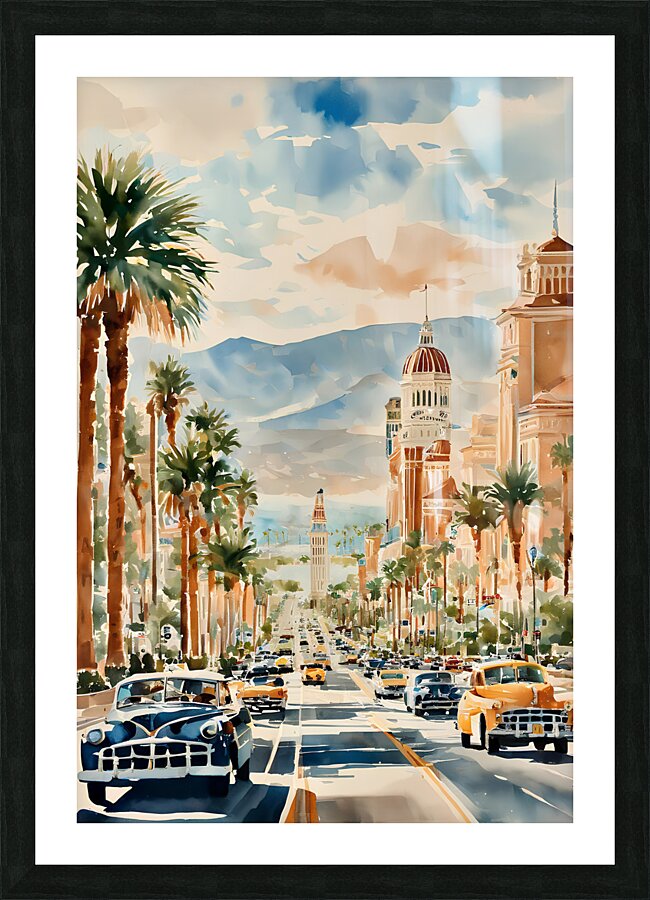 Watercolor Style Painting of Lively Las Vegas Boulevard with Iconic Clock Tower-UN44  Picture Frame print