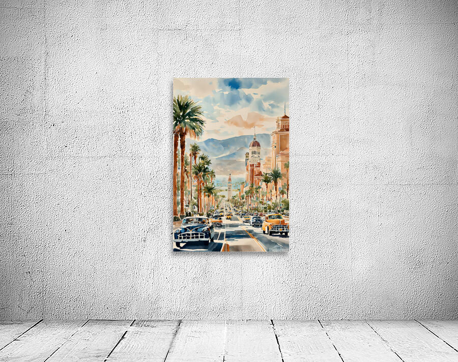 Watercolor Style Painting of Lively Las Vegas Boulevard with Iconic Clock Tower-UN44  Wall Preview