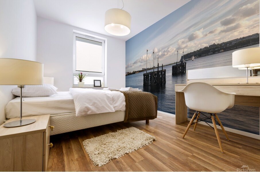 Cardiff Bay dusk wooden structures 1 Mural print