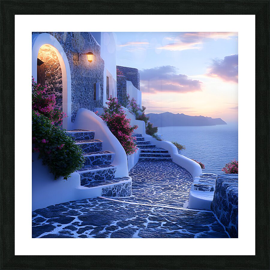 Beautiful Vintage Modern Blue Oil Painting of Santorini Picture Frame print