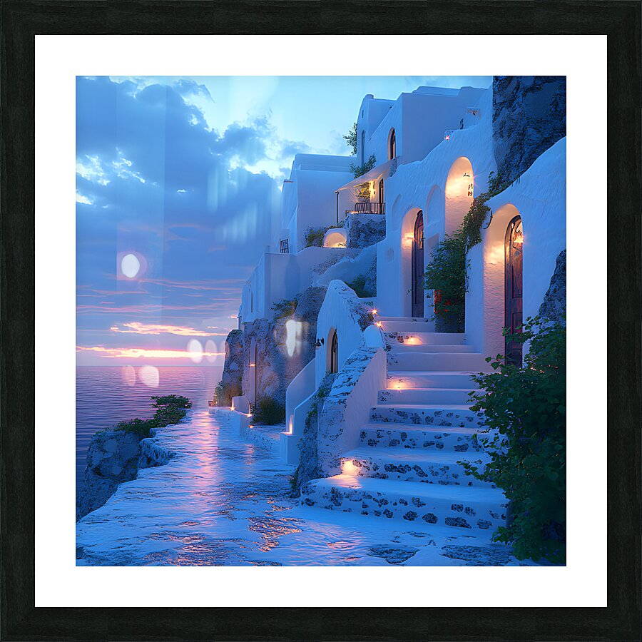 Beautiful Vintage Modern Blue Oil Painting of Santorini Picture Frame print