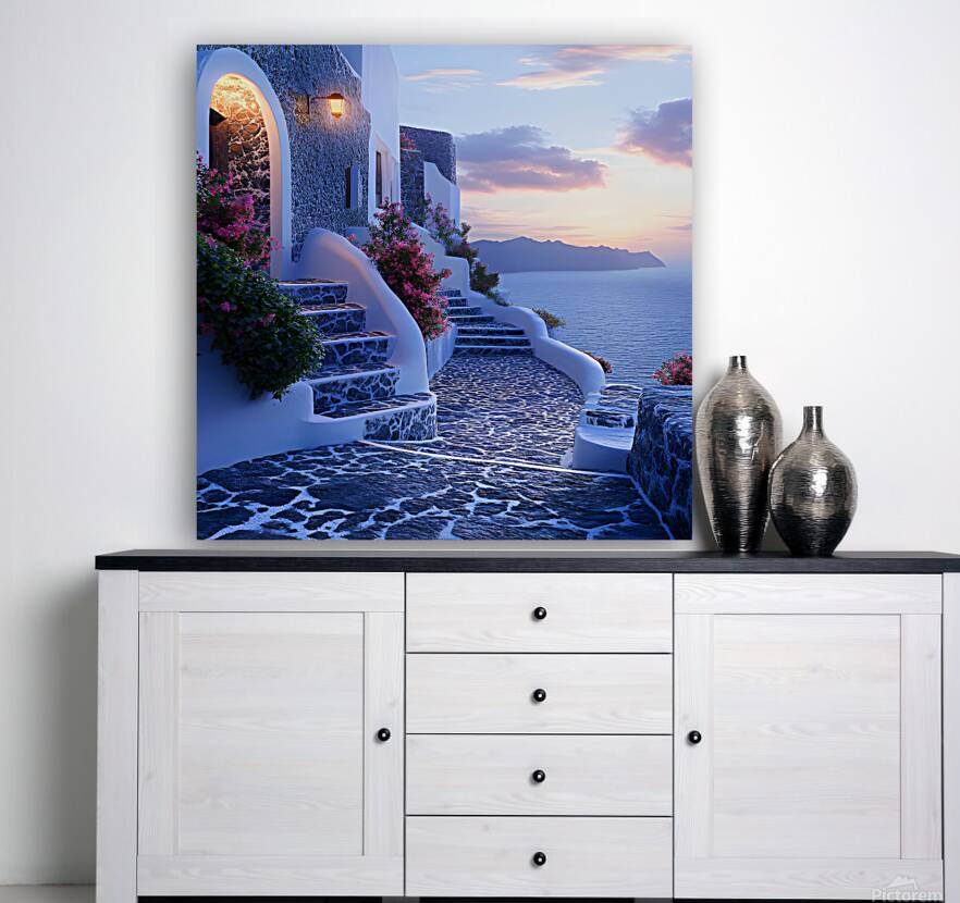 Beautiful Vintage Modern Blue Oil Painting of Santorini Reproduction