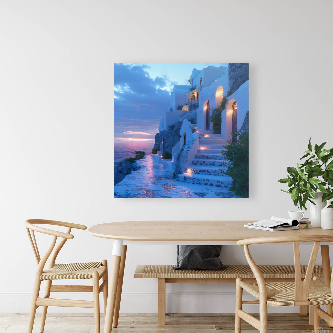 Beautiful Vintage Modern Blue Oil Painting of Santorini Reproduction