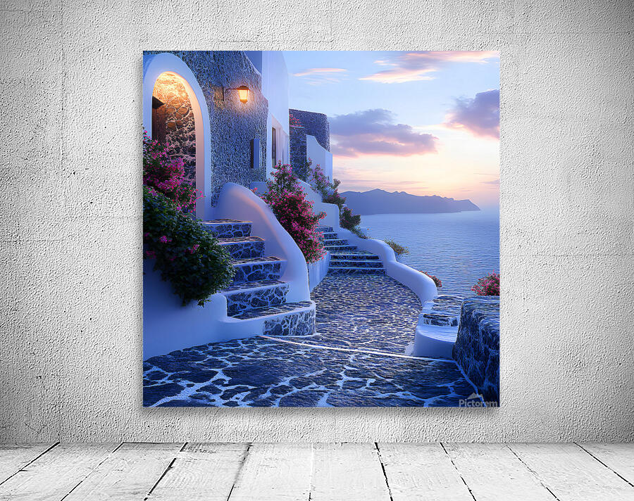 Beautiful Vintage Modern Blue Oil Painting of Santorini Wall Preview
