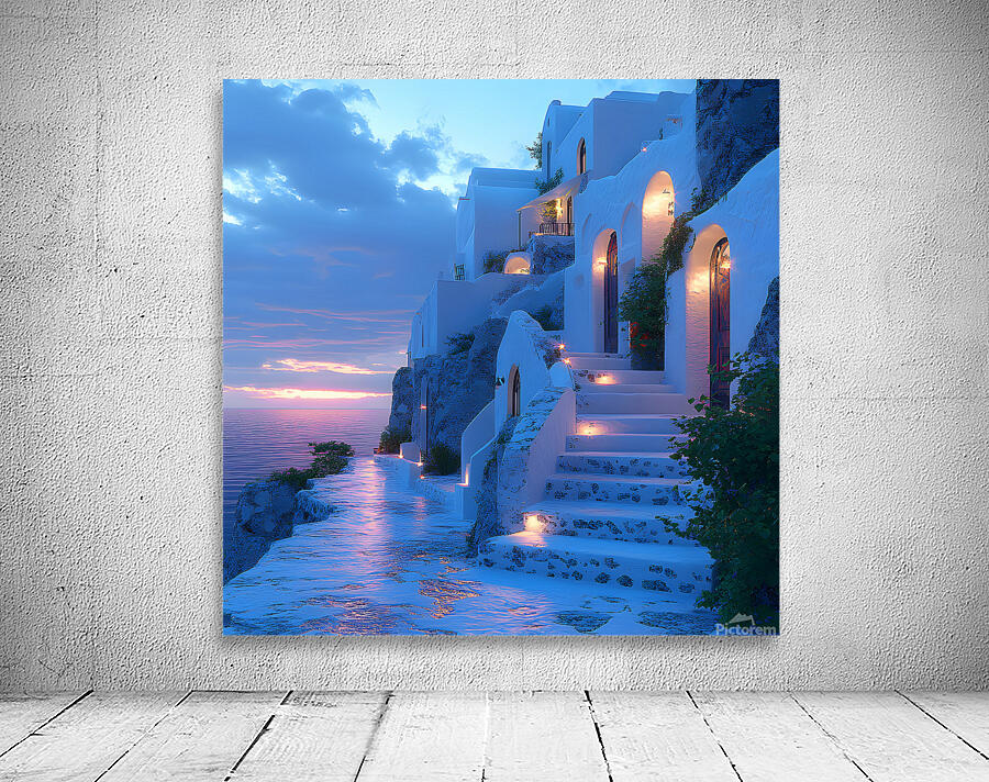 Beautiful Vintage Modern Blue Oil Painting of Santorini Wall Preview