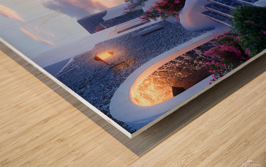 Beautiful Vintage Modern Blue Oil Painting of Santorini Wood print