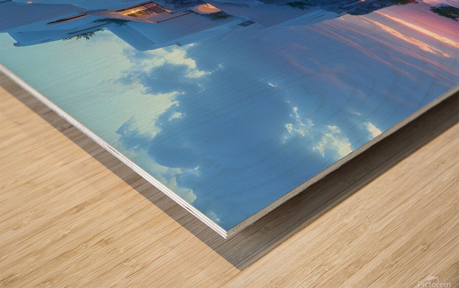 Beautiful Vintage Modern Blue Oil Painting of Santorini Wood print