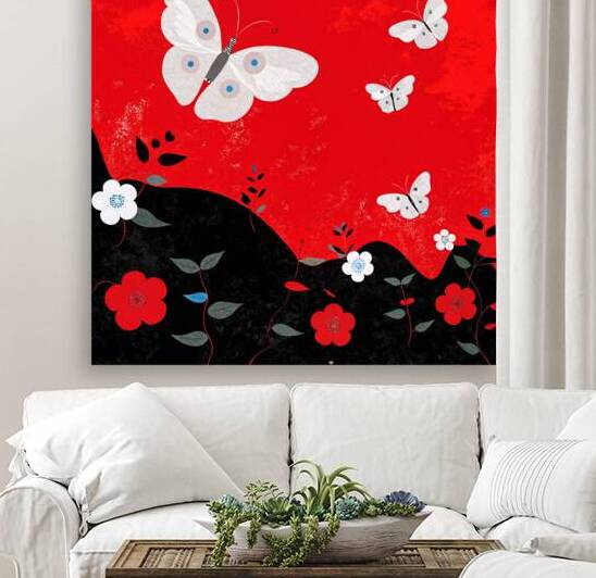 Vibrant Colorful Butterflies Flying Above Flowers – Elegant Nature Art with Blue Orange and Pink Designs by Nader Massry