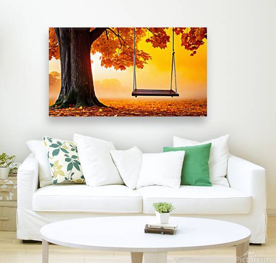 Serene Autumn Morning: Tree Swing Amidst Falling Leaves in a Foggy Forest by Nader Massry