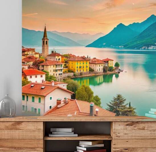 Serene Lakeside Town in Mediterranean Landscape - Majestic Sunset & Vibrant Architecture by Nader Massry