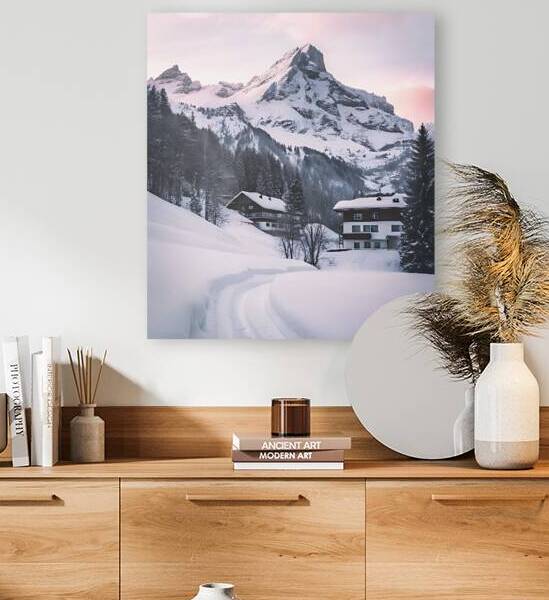 Alpine Vista Snow-Kissed Peaks and Chalet Charm by Brad M Graves