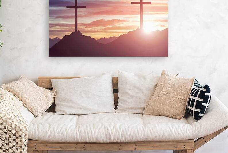 cross silhouette on the mountain at sunset by Lupu Andrei