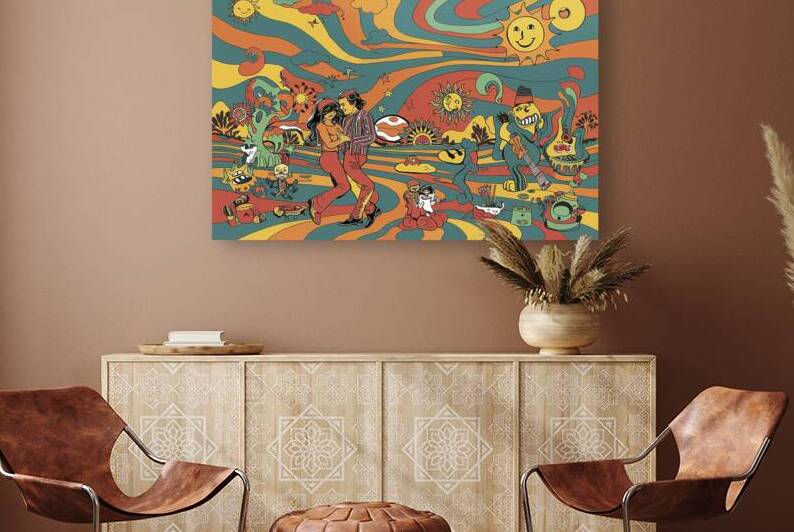 Hand drawn colorful retro style groovy psychedelic background by Lupu Andrei