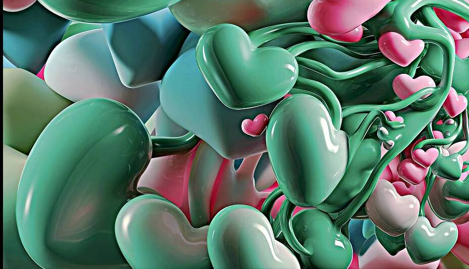 Glossy Liquid Hearts In Green And Pink Color by Lupu Andrei
