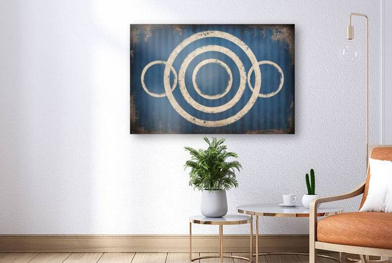 blue background with white circle rings in faded distressed vintage grunge texture design by Lupu Andrei