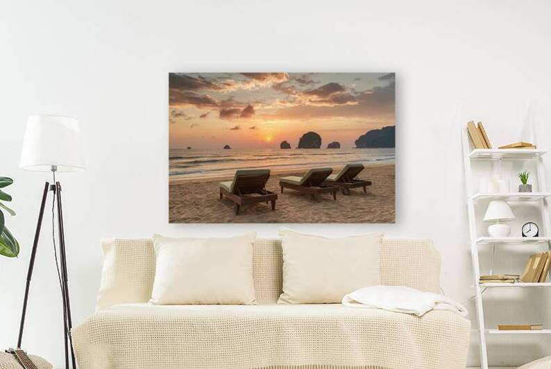 beach loungers on the sea at sunrise 1 by Lupu Andrei